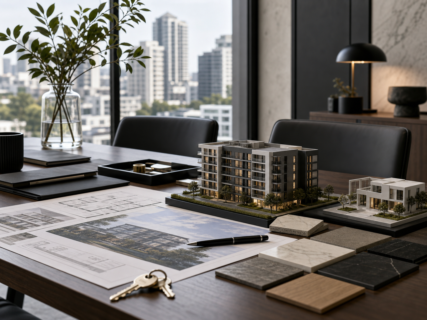 Real estate investment planning table with architectural models and property materials